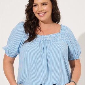 Blue White Striped Washable Gauze Smocked Yoke Peasant Top